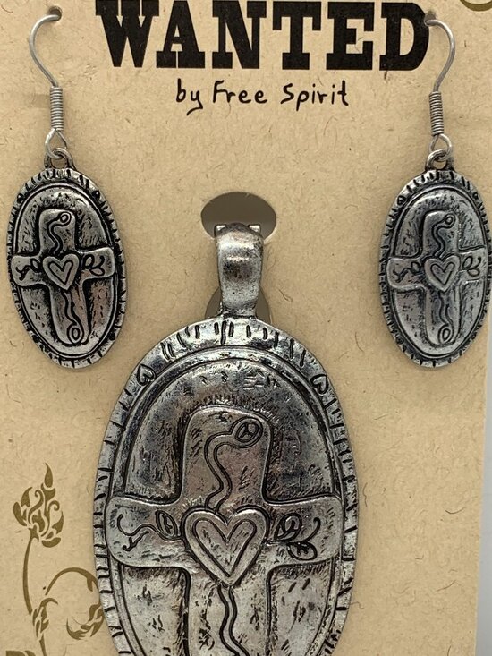 Abel Trading Jewelry - Wanted by Free Spirit Cross Oval Pendant Earring Set Lead & Nickel Free Fashion